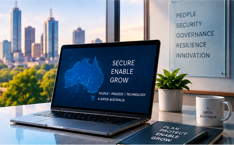 Modern cyber security workspace overlooking Melbourne